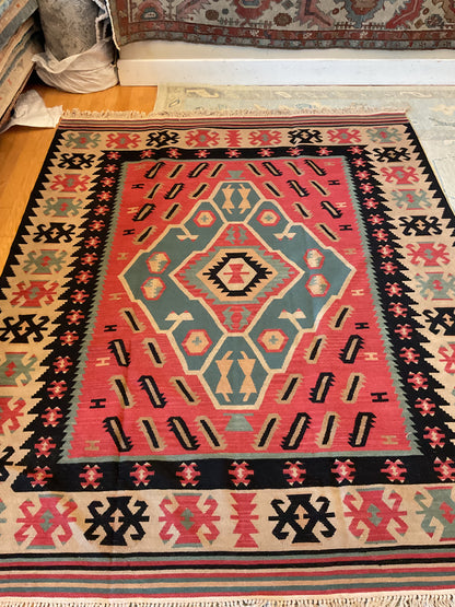 Afghan Kilim, 6'9" x 8'1", in beige, black, brick and teal