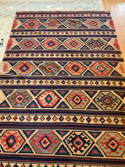 Afghan Kilim, 5'6" x 9'6", in beige, grey, navy and red