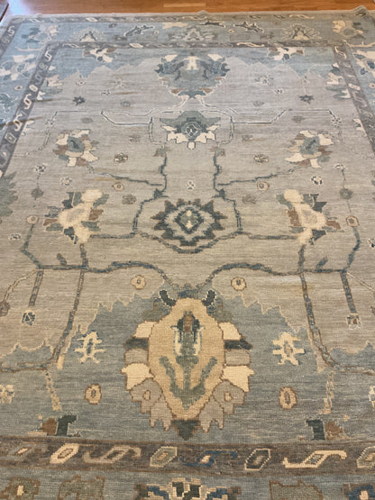 Turkish Oushak Rug, 11'3" x 13'10", in beige, blue, grey and ivory