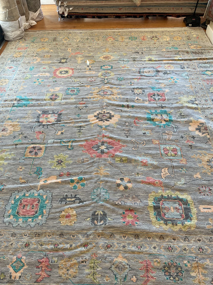 Indian Oushak Rug, 12'4" x 14'10", in gold, grey, pink and teal