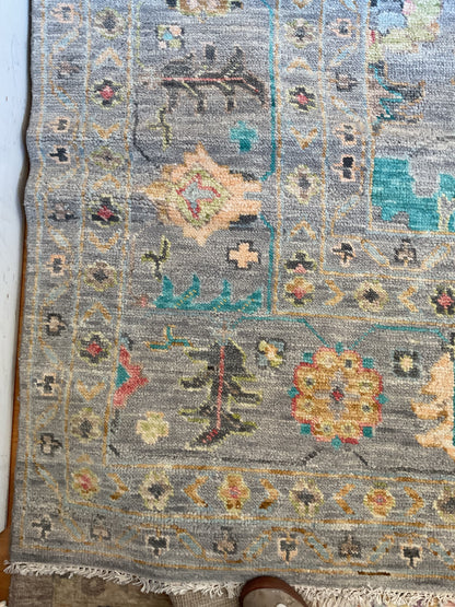 Indian Oushak Rug, 12'4" x 14'10", in gold, grey, pink and teal - photo 3