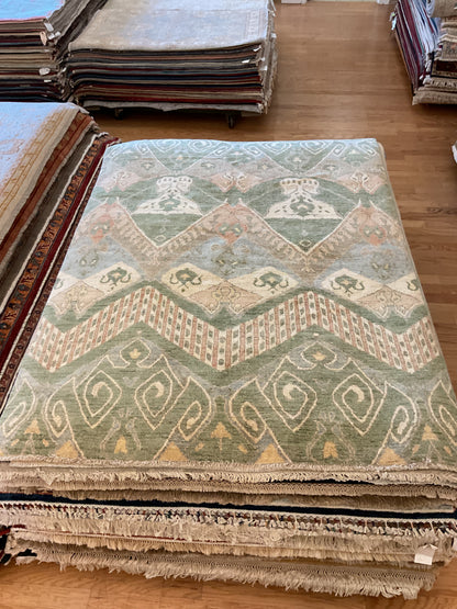Afghan Peshawar Rug, 5'1" x 7'1", in green, ivory, mint and peach