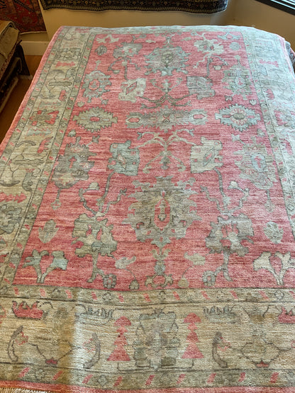 Afghan Oushak Rug, 5'10" x 9', in beige, green and salmon