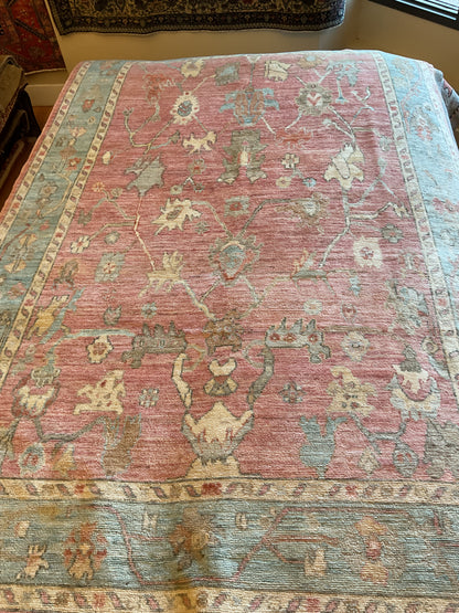 Afghan Oushak Rug, 6' x 9'2", in baby blue, ivory and rose