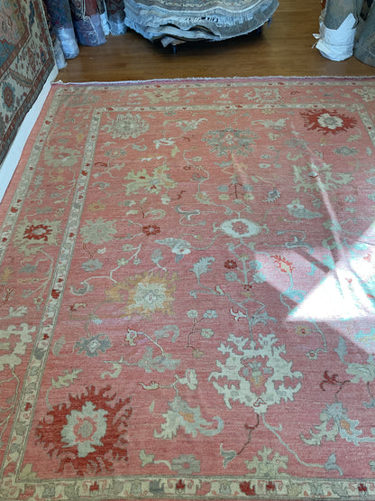Afghan Oushak Rug, 12'1" x 14'7", in green, ivory, red and salmon