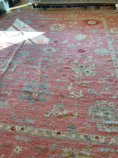 Afghan Oushak Rug, 12'1" x 14'7", in green, ivory, red and salmon - photo 4