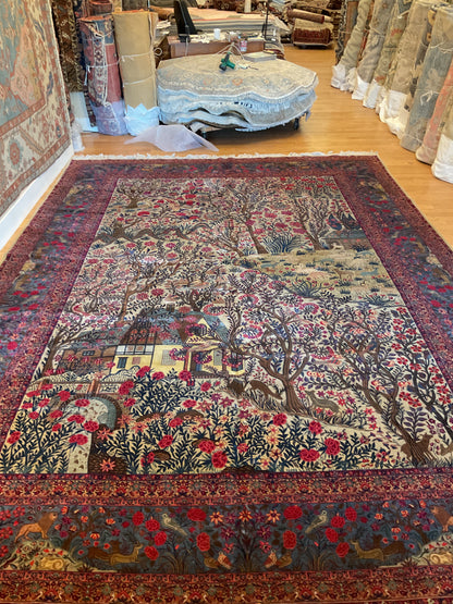 Antique Persian Kashan Rug, 10' x 14', in green, ivory, navy and pink