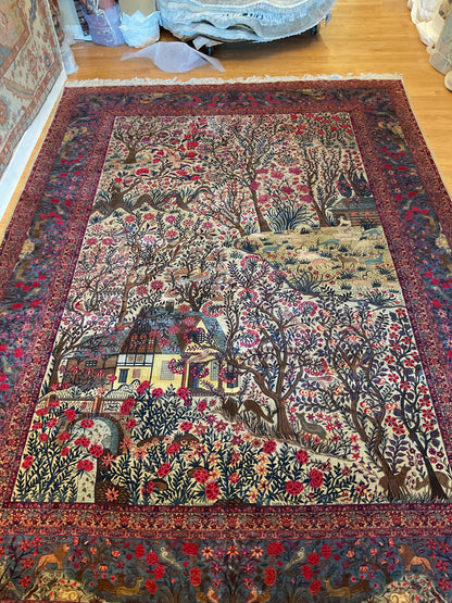 Antique Persian Kashan Rug, 10' x 14', in green, ivory, navy and pink - photo 2
