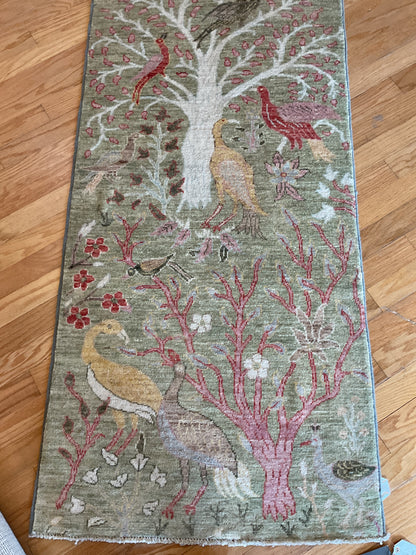 Afghan Peshawar Runner, 2'10" x 9'8", in green, ivory, red and rose