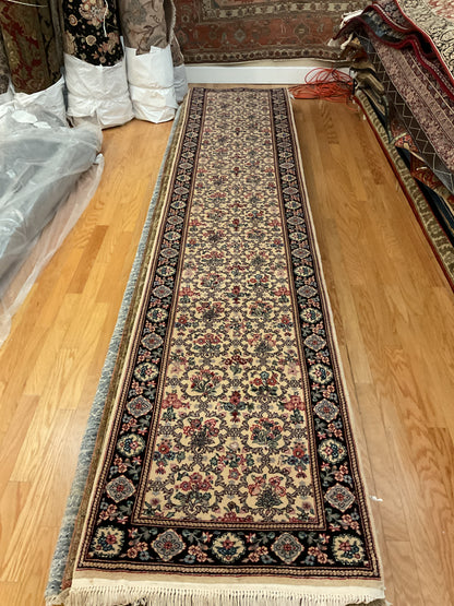 Sino Varamin Runner, 2'6" x 12', in black, ivory, navy and rose