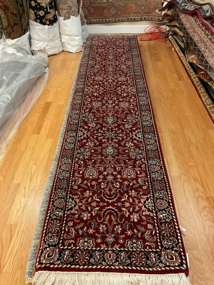 Indian Mashad Runner, 2'8" x 12', in burgundy, ivory and navy