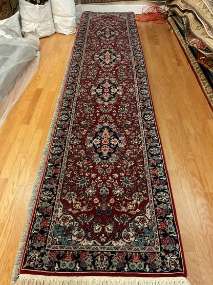 Sino Sarouk Runner, 2'6" x 12', in burgundy, green, ivory and navy