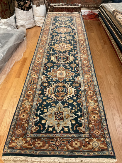 Indian Karajh Runner, 2'6" x 10', in brown, ivory, rust and teal
