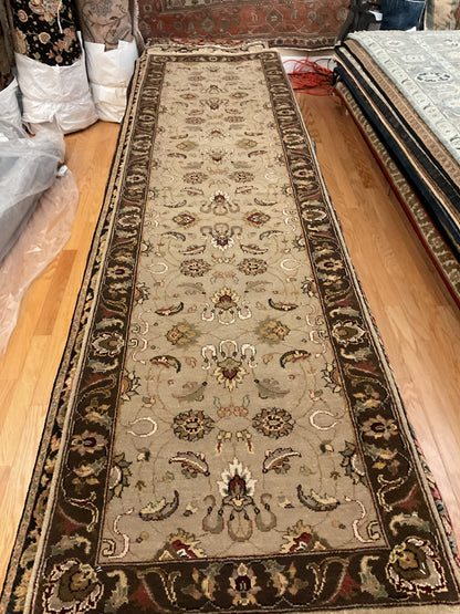 Indian Agra Jaipur Runner, 2'6" x 9'10", in beige, brown, gold and green