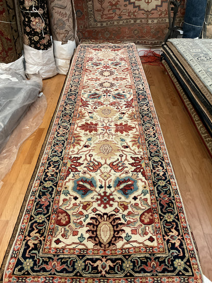 Indian Mohal Runner, 2'7" x 9'11", in blue, ivory, navy and red