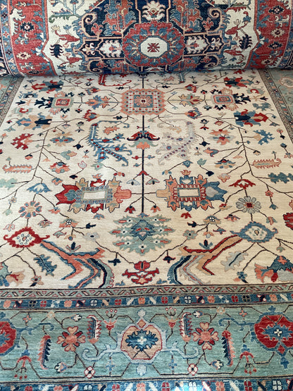 Afghan Serapi Rug, 9'9" x 13'3", in baby blue, ivory, navy and red