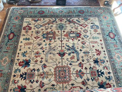 Afghan Serapi Rug, 9'9" x 13'3", in baby blue, ivory, navy and red - photo 2
