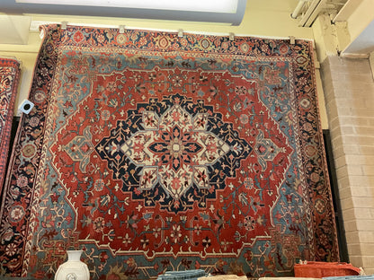 Antique Persian Serapi Rug, 6'6" x 6'7", in baby blue, ivory, navy and rust