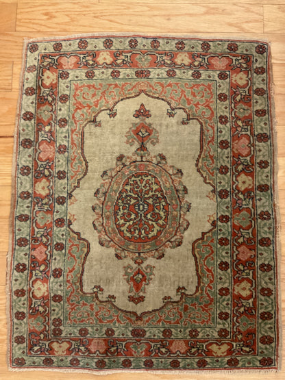 Antique Persian Kurdish Haji Jalili Rug, 1'11" x 2'6", in brown, green, khaki and rust