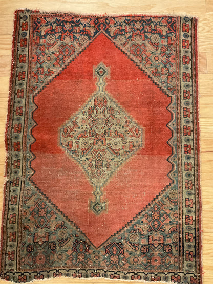 Antique Persian Seneh Rug, 2' x 2'11", in beige, green, navy and rust