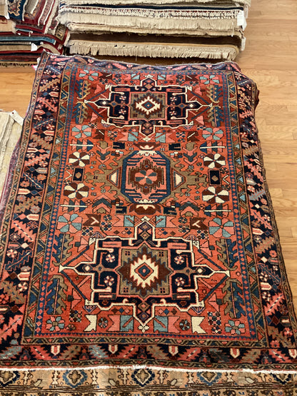 Antique Persian Karajh Rug, 4'5" x 5'10", in baby blue, ivory, navy and rust