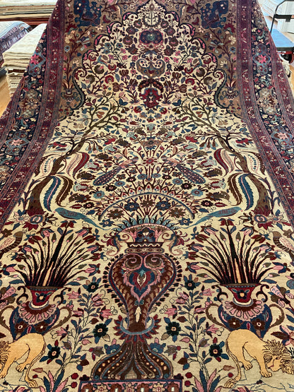 Antique Persian Mashad Rug, 8'5" x 14', in blue, brown, ivory and pink
