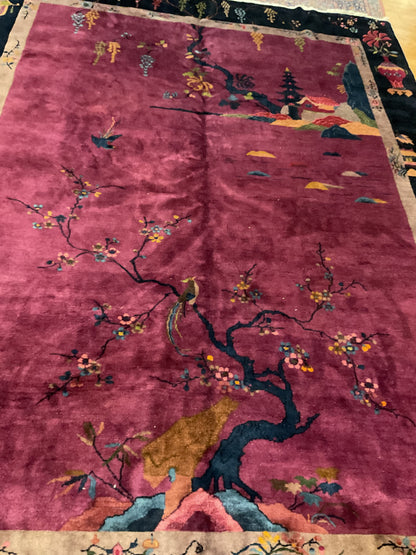 Antique Sino Chinese Walter Nichols Rug, 9' x 11'8", in beige, gold, navy and raspberry