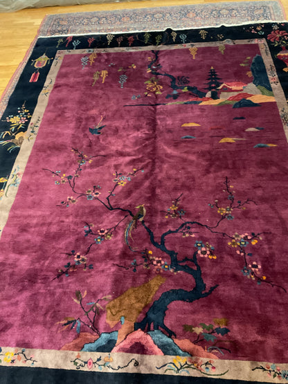 Antique Sino Chinese Walter Nichols Rug, 9' x 11'8", in beige, gold, navy and raspberry - photo 2