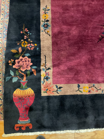 Antique Sino Chinese Walter Nichols Rug, 9' x 11'8", in beige, gold, navy and raspberry - photo 3