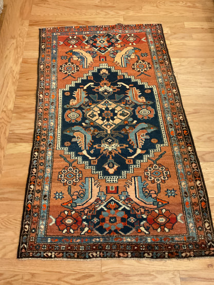 Antique Persian Kurdish Rug, 3'5" x 5'6", in baby blue, ivory, navy and rust - photo 2