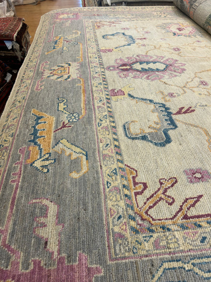 Afghan Mohal Rug, 9'1" x 11'10", in beige, blue, gold and grey
