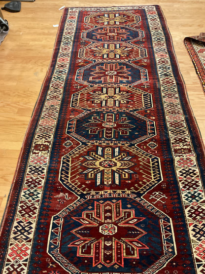 Antique Turkish Kurdish Kazak Runner, 4'6" x 12', in burgundy, gold, ivory and navy - photo 4