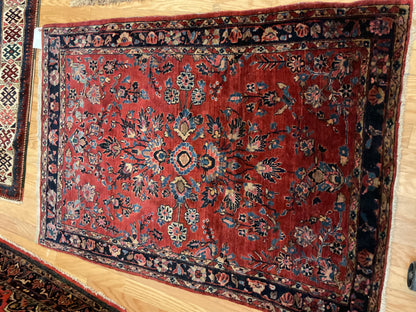Antique Persian Sarouk Rug, 3'7" x 4'11", in blue, navy and red