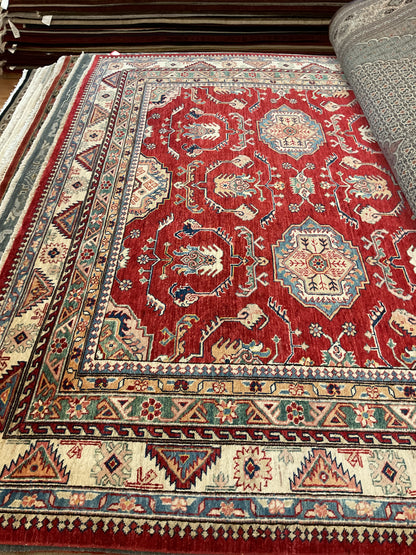 Afghan Kazak Rug, 7'11" x 10', in beige, ivory, red and teal - photo 4