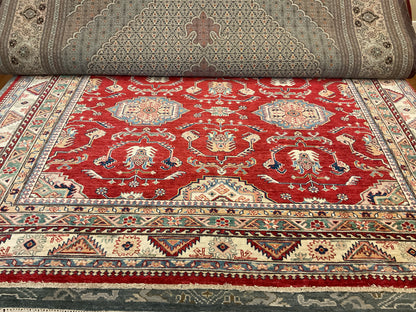 Afghan Kazak Rug, 7'11" x 10', in beige, ivory, red and teal