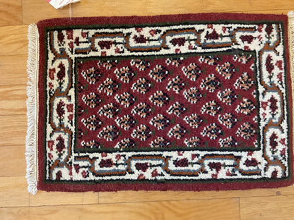Indian Mir Rug, 1'4" x 2', in burgundy, ivory and red