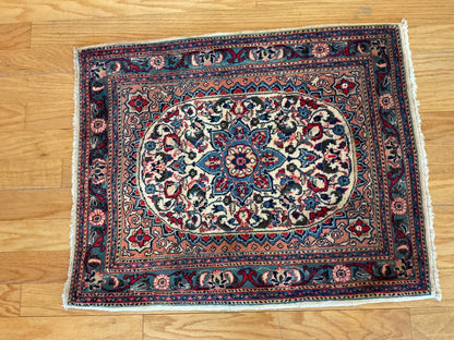 Vintage Persian Sarouk Rug, 2'3" x 2'9", in ivory, navy, salmon and teal