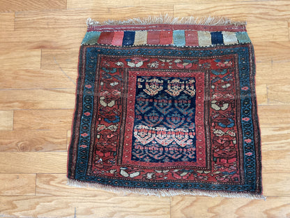 Antique Persian Kurdish Bagface, 1'10" x 2'2", in navy, red and teal