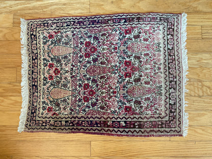 Antique Persian Lavar Rug, 2' x 2'8", in black, burgundy, ivory and pink