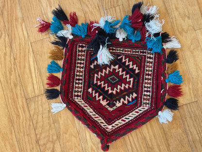 Vintage Turkish Turkman Bagface, 1'3" x 1'4", in blue, ivory, navy and red