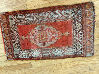 Antique Turkish Anatolian Rug, 2' x 3'3", in baby blue, ivory, pink and rust