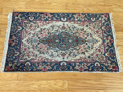Antique Persian Kerman Rug, 1'11" x 3'3", in blue, green, ivory and pink