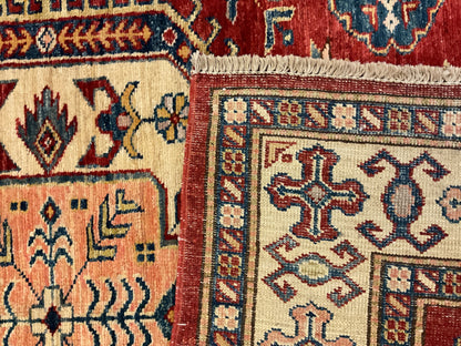Afghan Kazak Rug, 4'1" x 6', in ivory, navy and red - photo 3