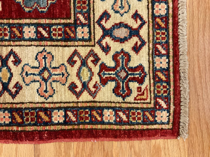 Afghan Kazak Rug, 4'1" x 6', in ivory, navy and red - photo 2