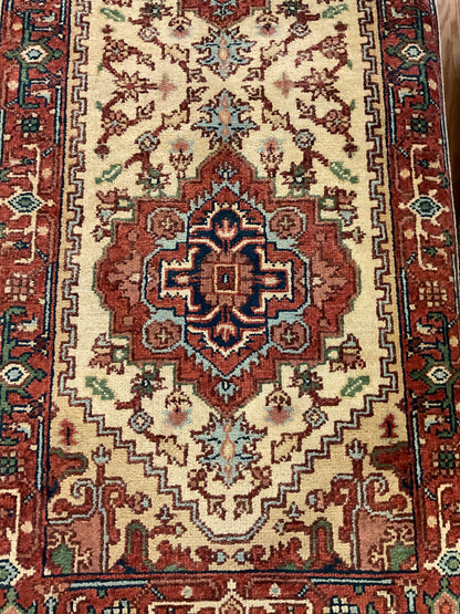 Indian Heriz Runner, 2'7" x 7'9", in baby blue, ivory, navy and rust