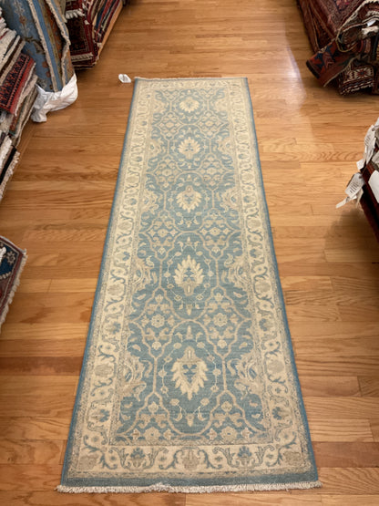 Pakistani Peshawar Runner, 2'7" x 8'7", in baby blue, beige and ivory