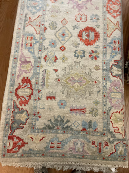 Afghan Oushak Runner, 2'10" x 7'9", in baby blue, ivory, purple and red