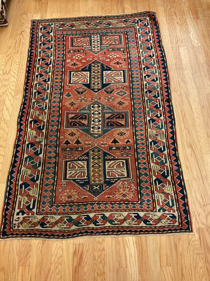 Antique Russian Kazak Rug, 4'8" x 7'7", in brick, ivory, navy and teal