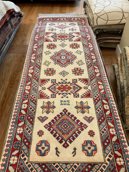 Pakistani Kazak Runner, 2'7" x 7'7", in blue, cream and red