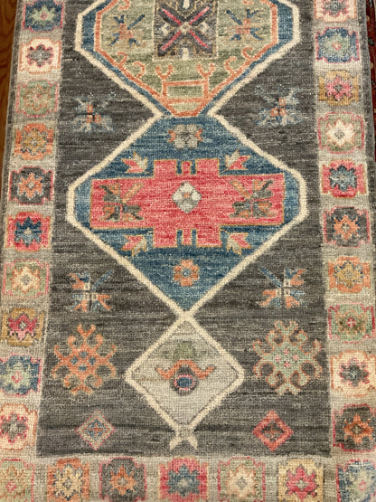 Afghan Oushak Runner, 2'5" x 9'7", in blue, charcoal, ivory and salmon